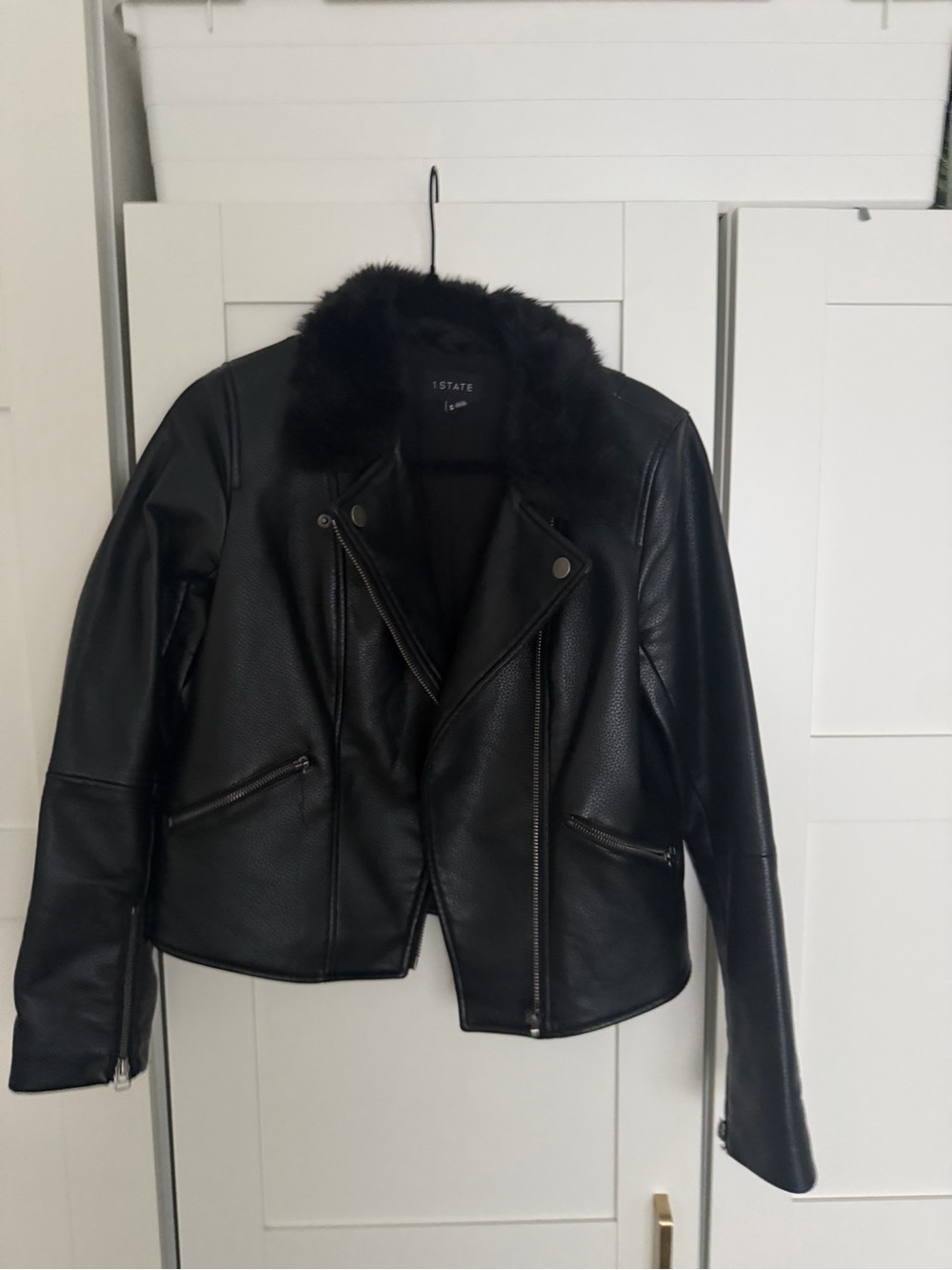 1. State Black Faux Leather Moto Jacket with Faux Fur Collar